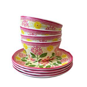 8pc BELLA LUX Floral Melamine Snack Plate & Tidbit Bowl Set Pink & Yellow New